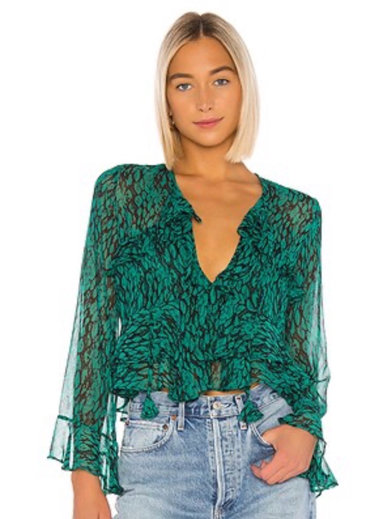 Misa Los Angeles Teal And Black Printed Ruffle Blouse